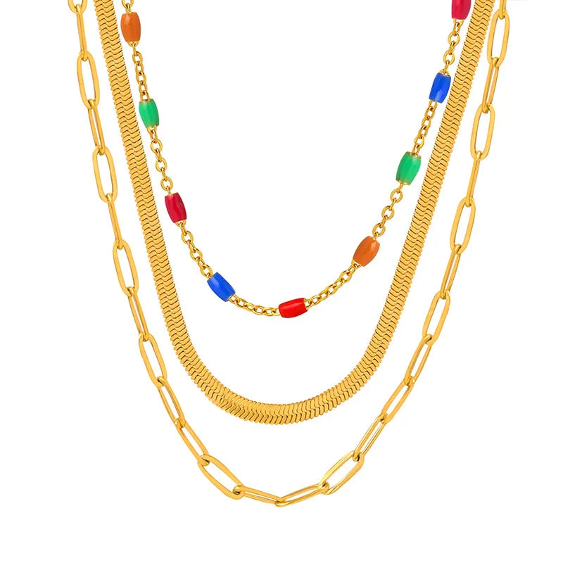 Retro Baroque Three-Layer Colorful Drip Necklace Titanium Steel 18K Gold Non-Fading Graceful Personality All-Match Jewelry Women