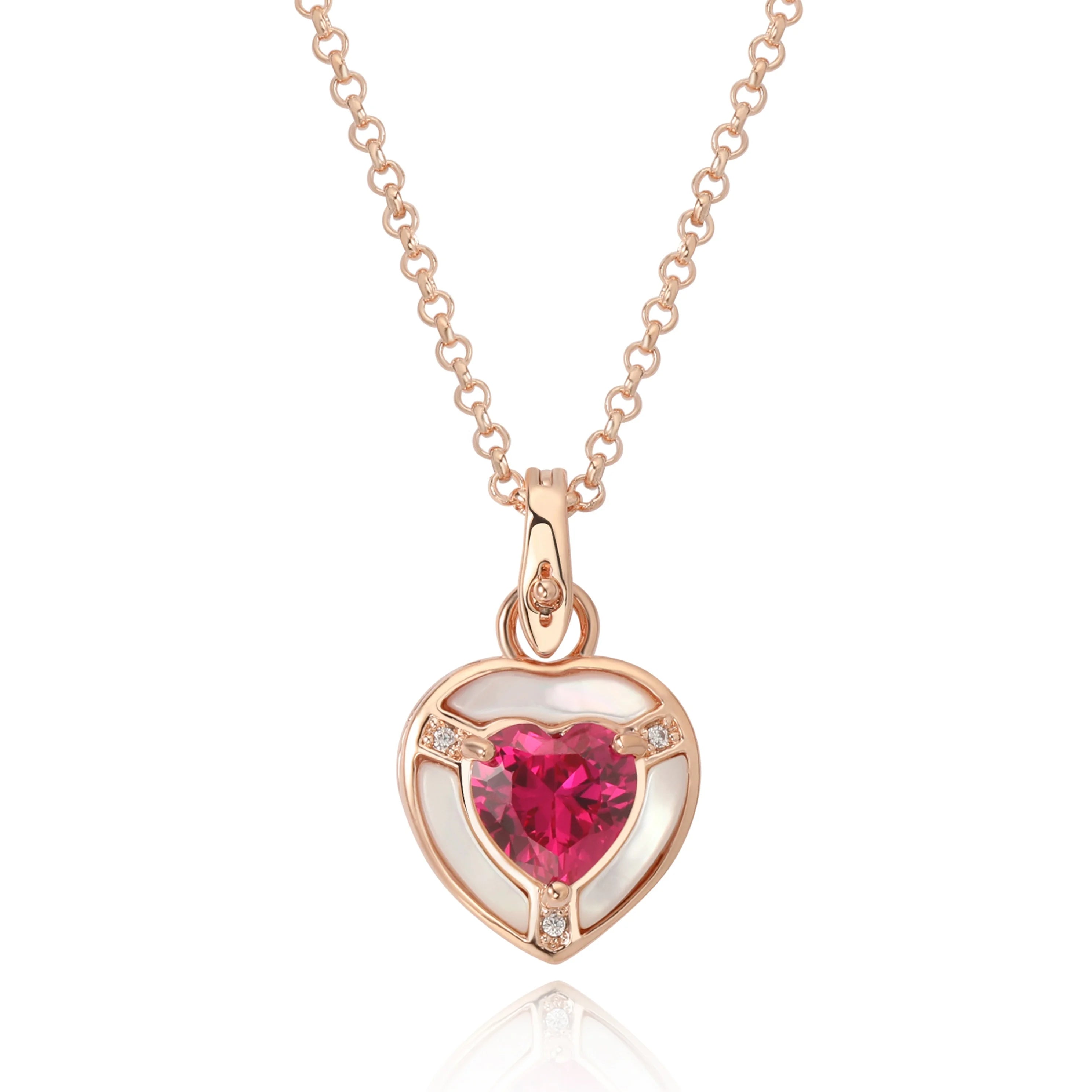 Fashion Rose Gold Plated Brass Natural Mother-Of-Pearl Sparkling Pink Zircon Heart Pendant Necklaces Unisex Gift Customized