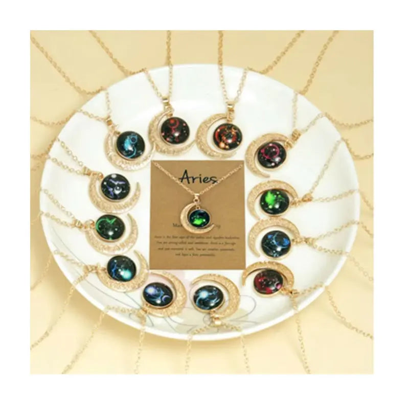 Hot Selling Retro Twelve Constellations Luminous Crescent Moon Necklace Vintage Style Link Chain Mainly Made of Alloy
