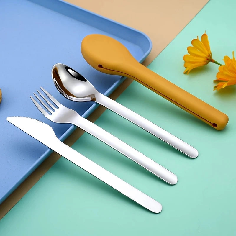 Portable 304 Stainless Steel Camping Picnic Tableware Set Travel Outdoor Cutlery Set with Silicone Case