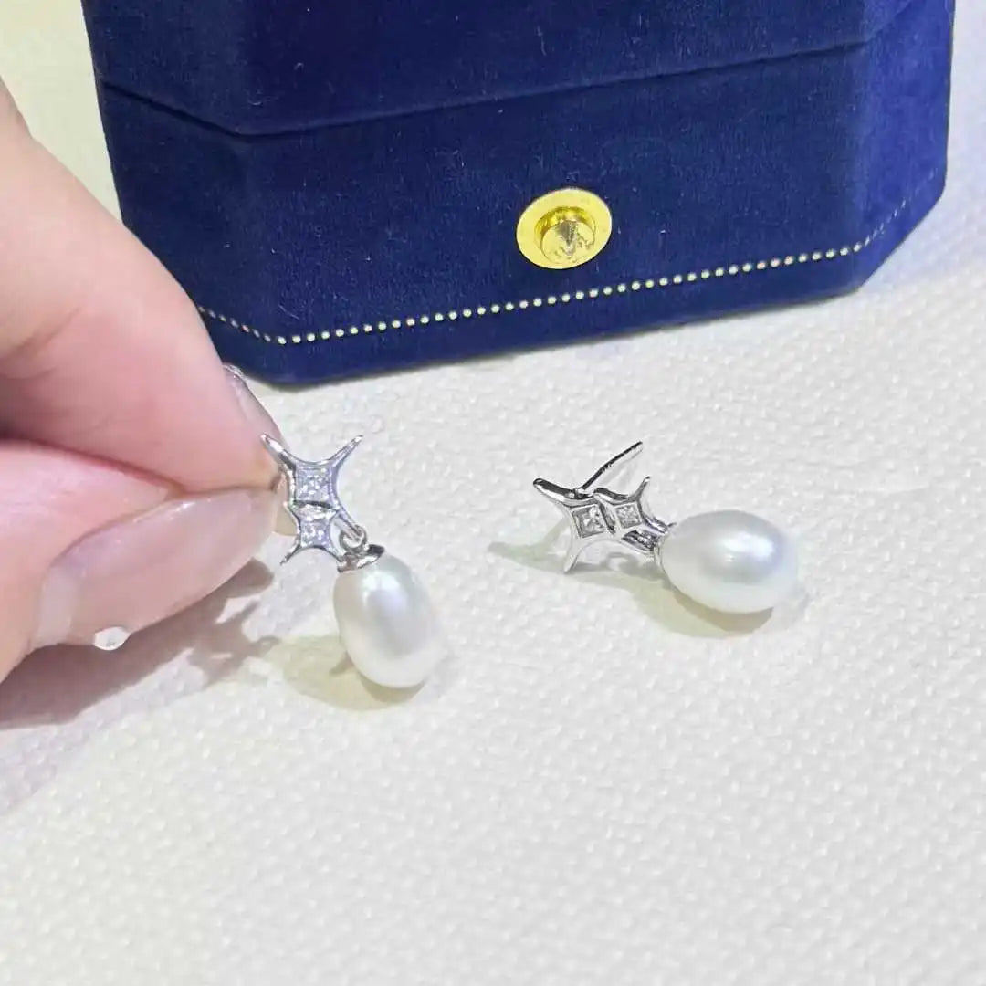 Sparkling Starry Sky Earrings 7mm Natural White Freshwater Rice Shaped Pearl Water Drop Jewelry for Parties New Arrival