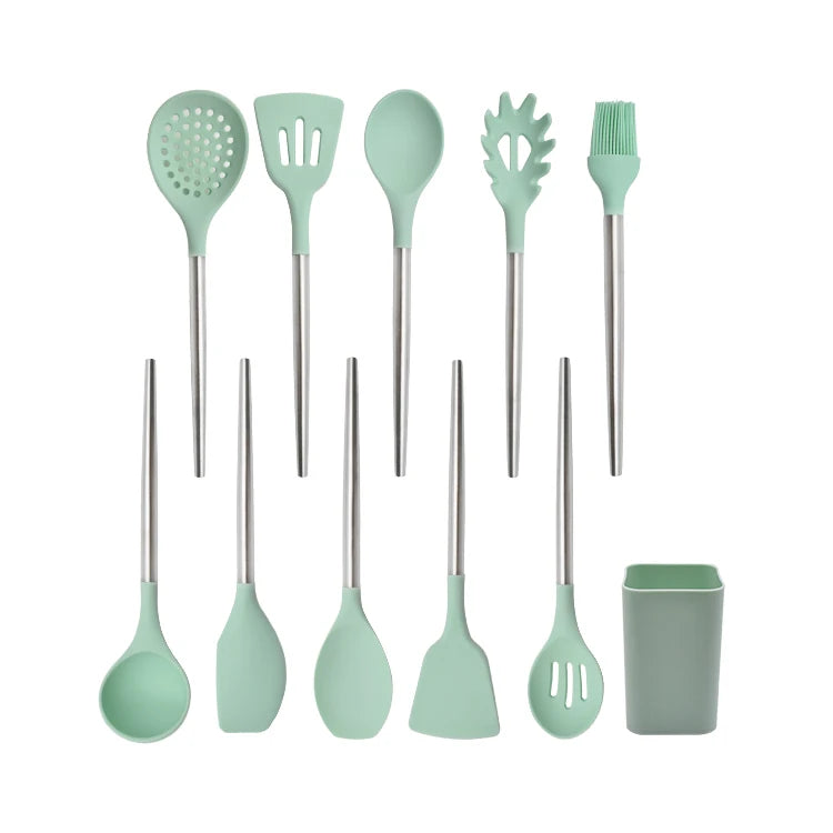 Customized 10-Piece Silicone Kitchen Utensil Set with Stainless Steel Handle and Plastic Holder for Cooking