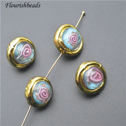 Trendy Natural Colored Glaze Flower Round Shape 15mm Gold Plating Loose Beads for Jewelry Necklace Bracelet Making