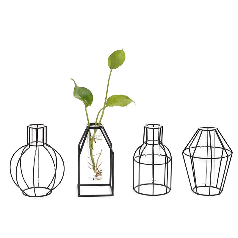 Industrial Style Living Room Home Decoration Simple Geometric Iron Transparent Glass Hydroponic Vase Dried Flower Arrangement