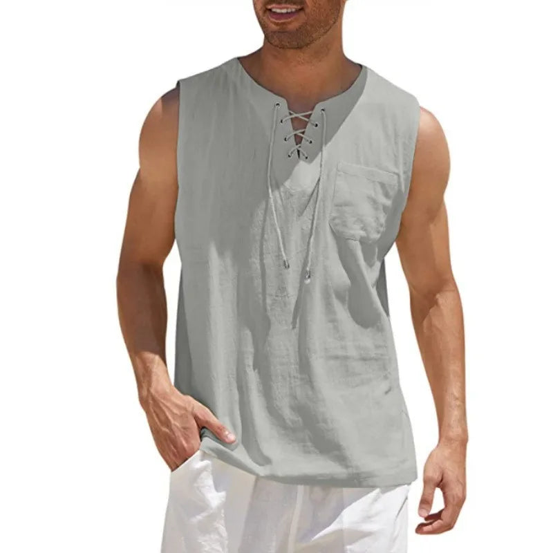 Men  Male  Youth 2024 Summer Hot Sale New Men's Cotton and Linen Solid Color Sleeveless Lace-up Casual Shirt