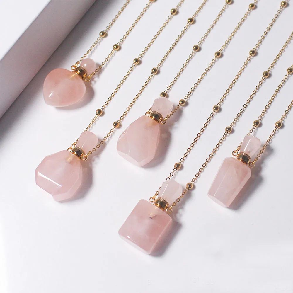 Green pink Rose Quartz Gemstone Aroma Perfume Essential Oil Bottle Heart Vial Chain Stone Necklace