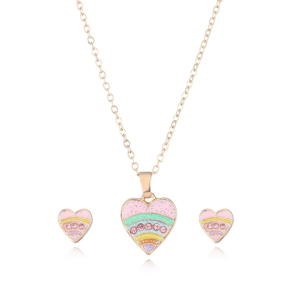 Cute Heart Necklace Set Earrings Girls Gold Plated Jewelry Featuring Diamond Crystal Trendy Styles-for Parties Weddings Gifts