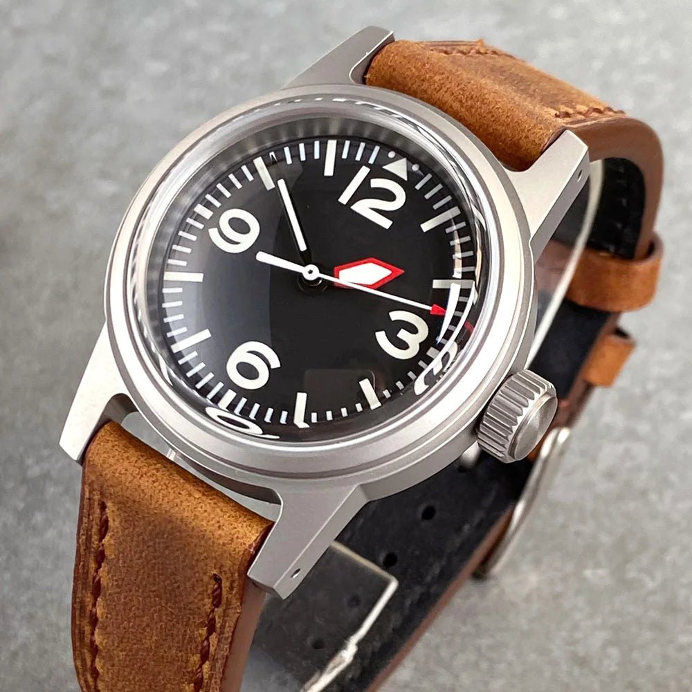 Tandorio PT5000 NH35 Movement 36mm Diving Automatic Watch Men Brushed Case Luminous Domed Sapphire Vintage Leather Band