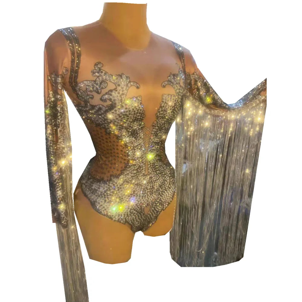 Rhinestone Sequin Party Bodysuit Sparkling Silver Fringes Women Sexy Club Bar Singer Leotard Tassel Dance Jumpsuit Stage Costume