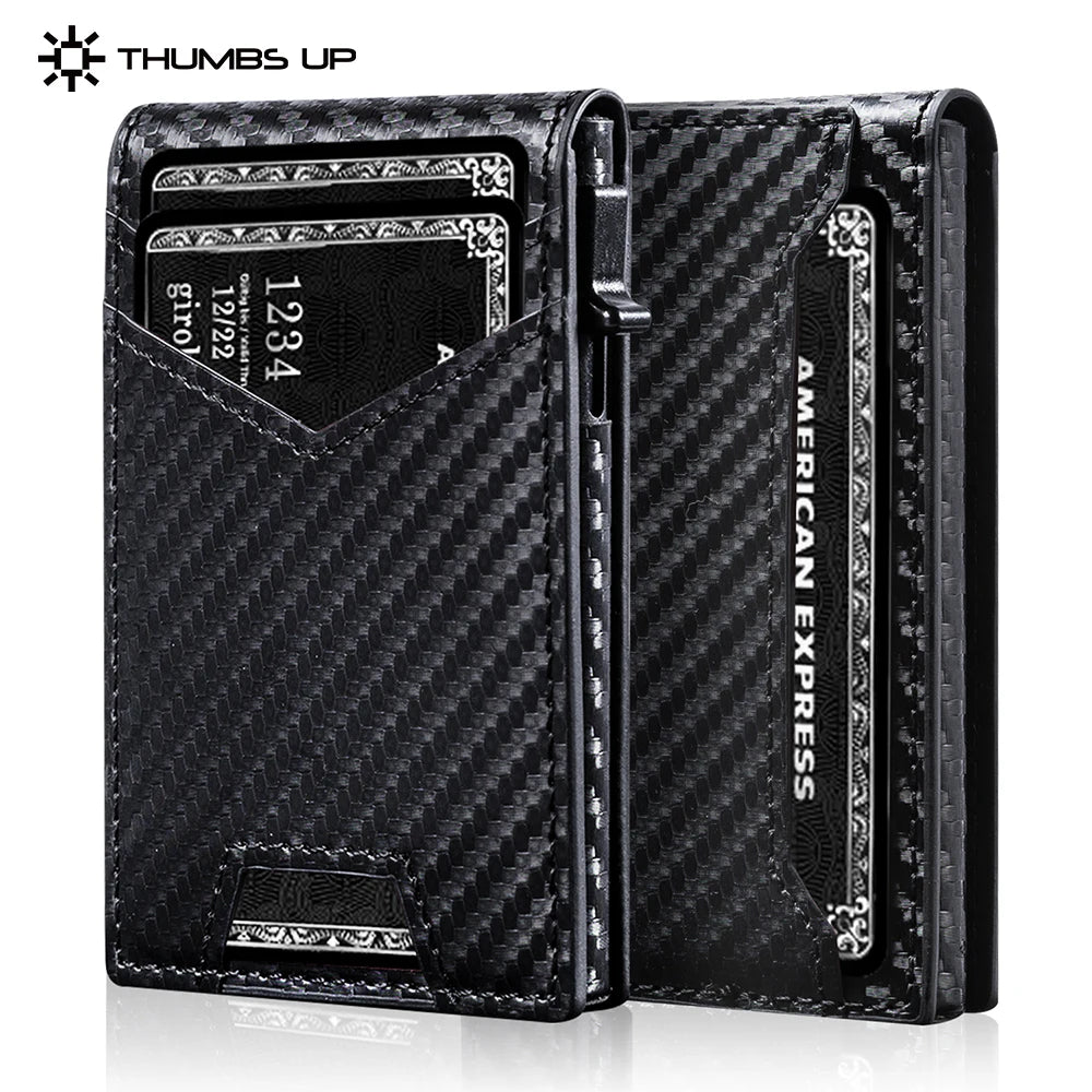 THUMBS-UP Carbon Fiber Anti Theft Leather Bifold 9 Cards RFID Blocking ID Window Card Holder Pop up Magnetic Aluminum Men Wallet