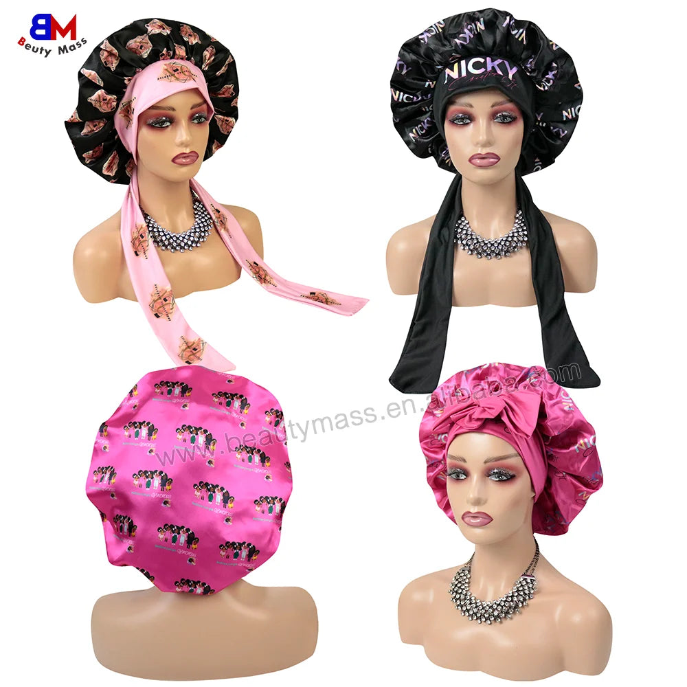 Custom Log Brand Designer Bonnet With Elastic Tie Band Satin Head Wrap Long Braid Sleeping Hair Bonnets