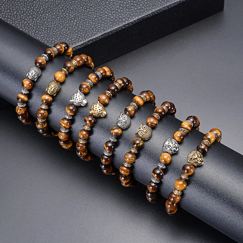 Natural Universe Gemstone tiger Eye Round Beads lion Owl Leopard Buddha Charm Bracelet Jewelry Bracelets Jewelry Wholesale