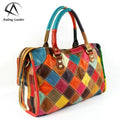 Genuine Cow Leather Fashion Totes Handmade Plaid Contrast Color Cowhide Shoulder Bag Ladies Large Handbag Purse Tote Bags