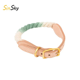 SinSky Macaron Rainbow Gradient Color Cotton Leather Rope Metal Buckle Durable Adjustable Cat Dog Collar and Leash Set