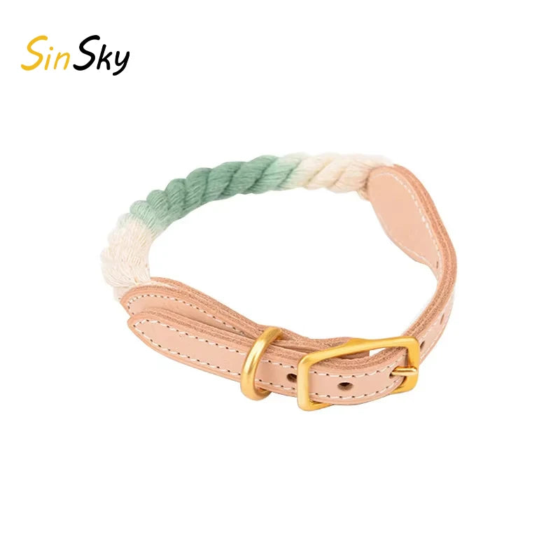 SinSky Macaron Rainbow Gradient Color Cotton Leather Rope Metal Buckle Durable Adjustable Cat Dog Collar and Leash Set