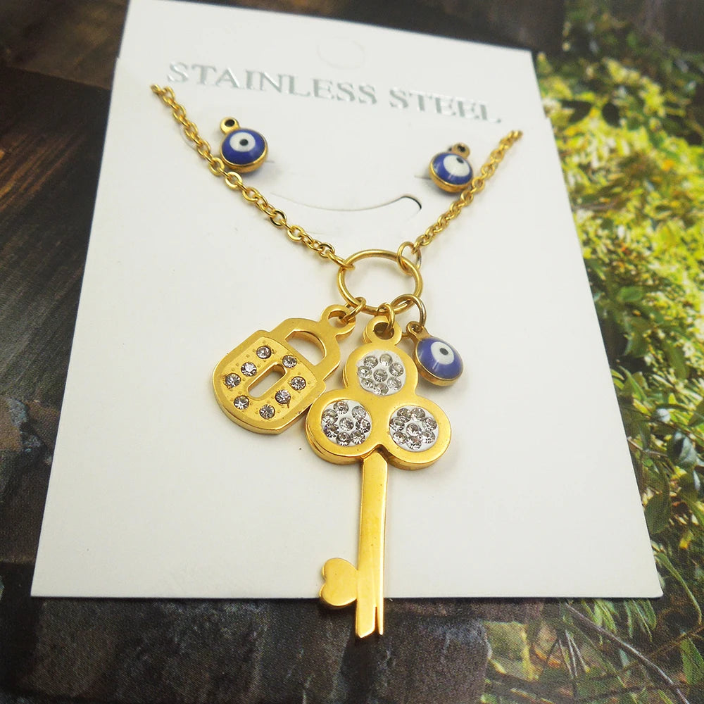 High Quality Classic 316L Stainless Steel Necklace Earring Bridal Jewelry Set Key Rhinestone for Wedding Anniversary Party Gifts
