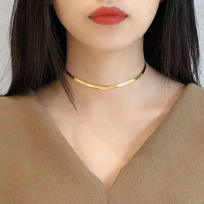 MICCI Wholesale Custom Waterproof Stainless Steel Jewelry PVD 18K Gold Plated Jewelry Soft Flat Herringbone Snake Chain Necklace