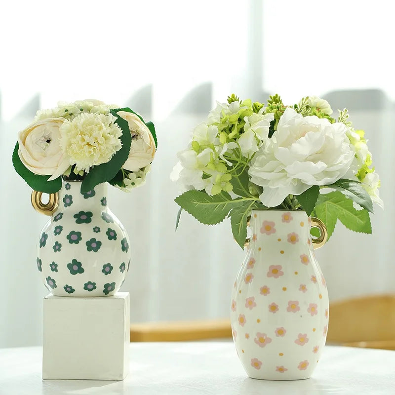 Newest Luxury Modern European Style Electroplated Ceramic Vase with Handle Porcelain Fresh Flower Decal Wedding Home Decoration