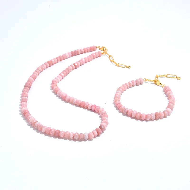 Natural pink Opal Stone Necklace Bracelet Jewelry Set 925 Sterling Silver Gemstone Necklace Natural Stone Beaded Bracelet