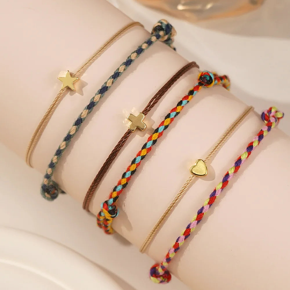 New Arrival Fashion Heart Star Cross Bracelet Simple Couple Friend Gift Woven Bracelet for Women