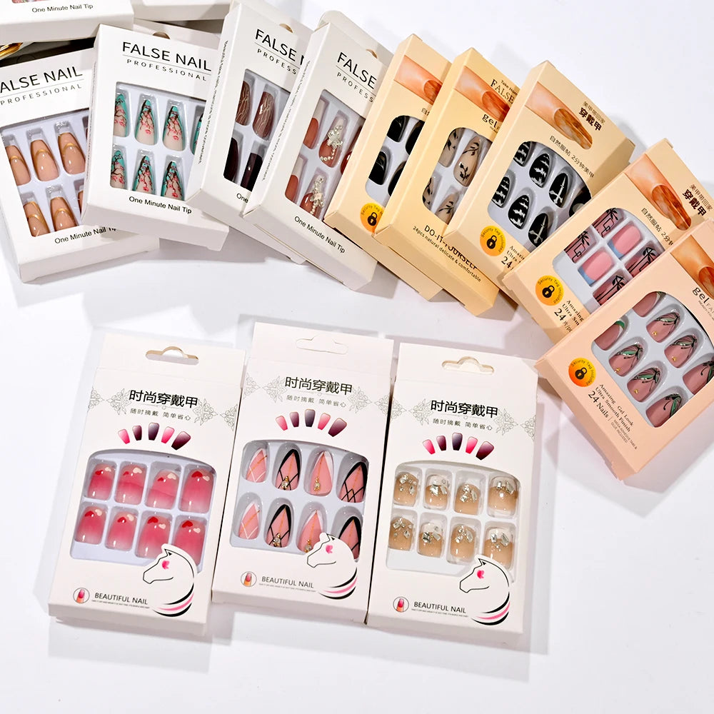 24pcs Long Ballet Almond Coffin False Short Press on Nail Christmas Fake Nails Full Cover Acrylic Diamonds Fingernails Supplies