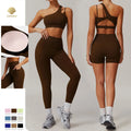 CNSHELL Custom Logo Nylon One Shoulder Basic Bra Tight Shorts Legging Yoga Workout Athletic Gym Fitness Sports 2PCS Set