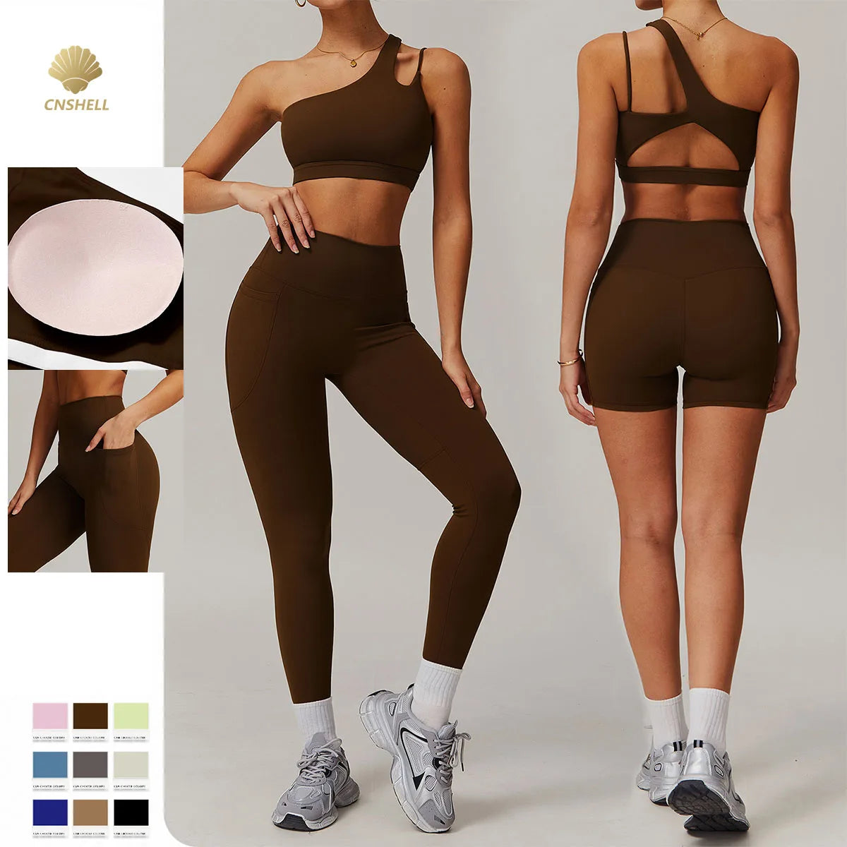 CNSHELL Custom Logo Nylon One Shoulder Basic Bra Tight Shorts Legging Yoga Workout Athletic Gym Fitness Sports 2PCS Set