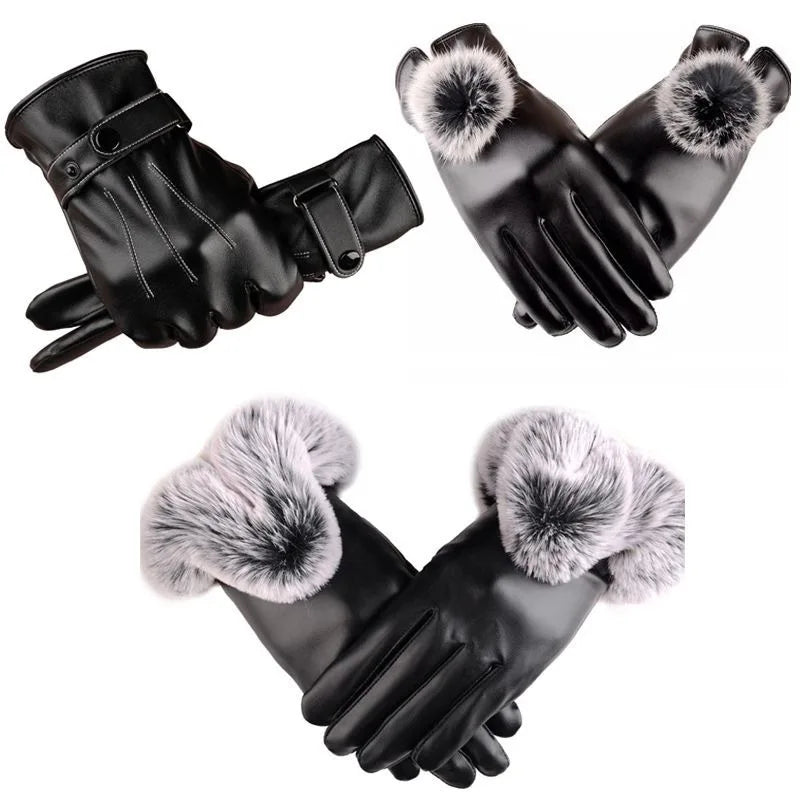 Winter Warm PU Leather Gloves With Lining  Men's Touch Screen Texting Leather Outdoor Driving Leather Fur Gloves
