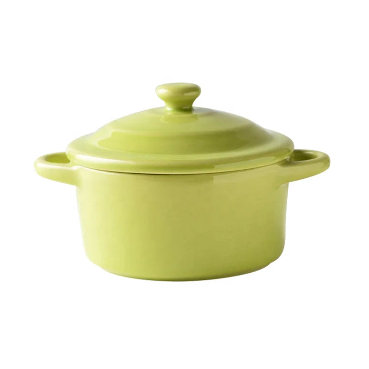 High Quality Green Ceramic Baking Bowls with Lid and Double Handle Factory Direct Sales Eco-Friendly for Parties