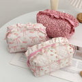 Hot Sale Women's Large Capacity Cotton Quilted Makeup Storage Bag for Pink Floral Cosmetic Pouch Ruffle Custom Print Cute