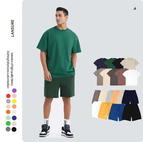 LS Men's 380G Heavyweight Drop Shoulder Streetwear Fashion Set Boy's Spring Summer Collection Solid Color Cotton Woven Oversized