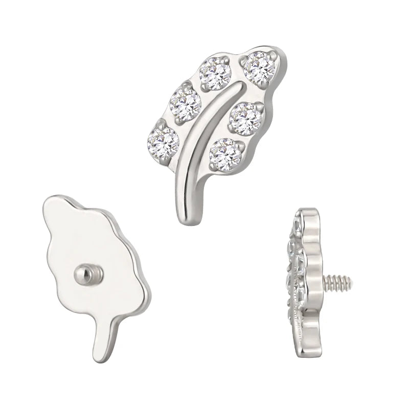 Wholesale Ready to Ship Titanium CZ Paved CNC Vegetable Leaf 16G Internally Threaded Labret Helix Earring Top