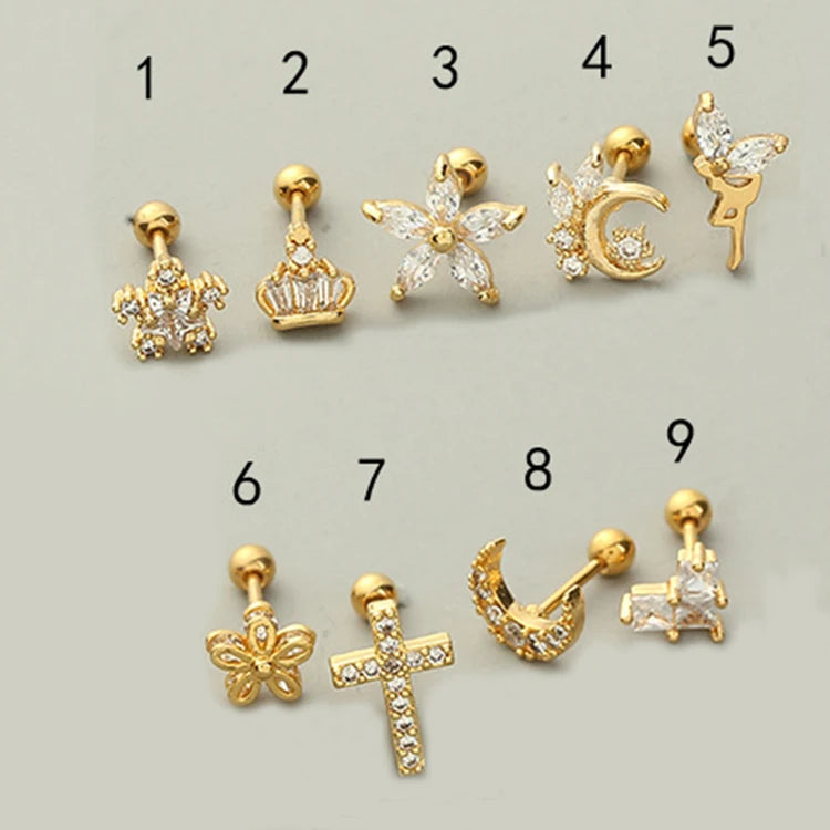 Zircon Earrings Micro-insert Ear Bone Nail Stainless Steel Flower Screw Small Gold Earrings