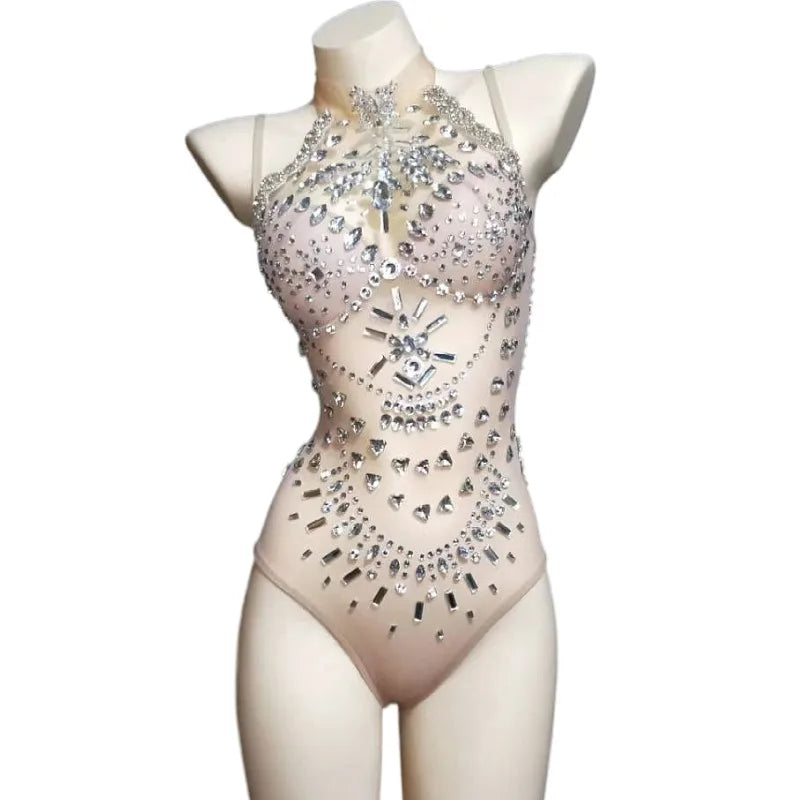 Sparkly Sleeveless See Through Rhinestone Leotard Jazz Dance Playsuits Performance Wear Women Sexy Crystal Party Club Bodysuits
