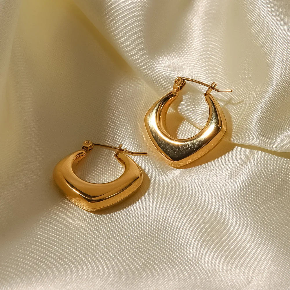 18K PVD Gold Plated Stainless Steel Geometric Hollow Rhombus Waterproof Hoop Earrings for Women
