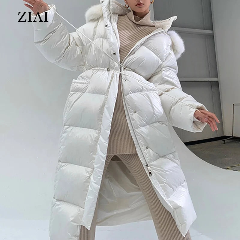 Winter Long Fox Fur Collar Coat Women 90 White Duck Down Waist Tie Coat Wholesale