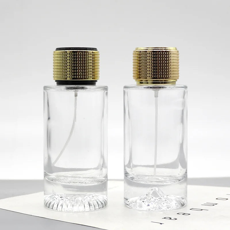 Wholesale  100ml Empty Cylinder Perfume Glass Bottle  Crimp clear  Parfum Glass Bottles with Golden Cap