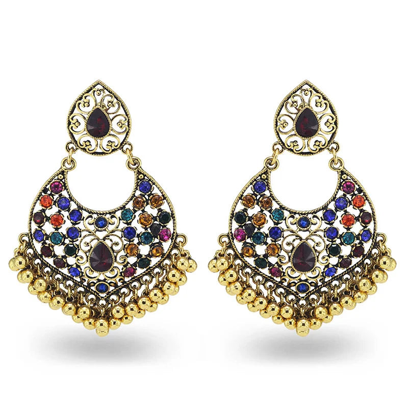 Retro Flower Colorful Earrings Indian Jewelry Jhumka Vintage Gypsy Gold Alloy Earrings for Women