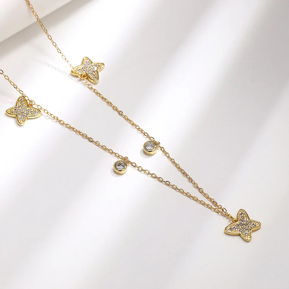 Fairy Butterfly Zircon Gold Plated Brass Classic Necklace for Women Engagement Wedding & Party Gift Clavicle Link Chain