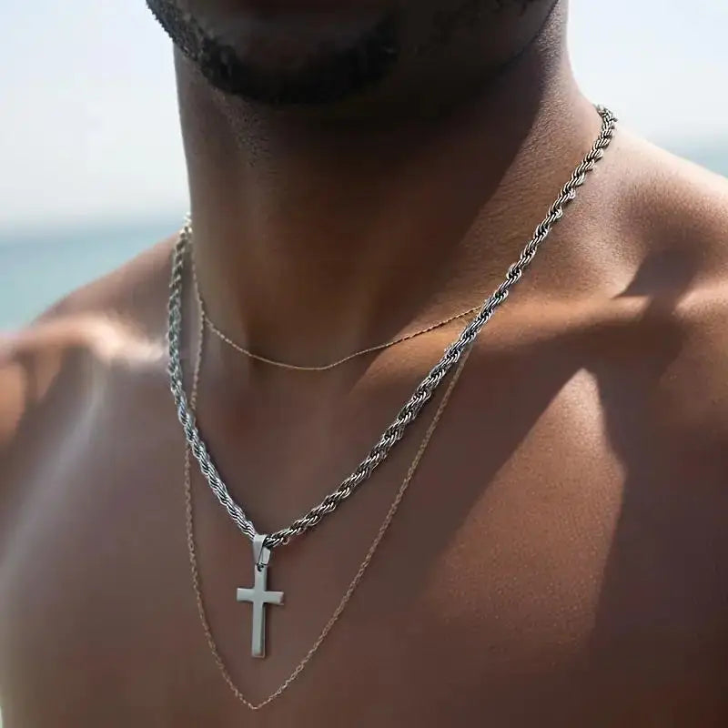 Stainless Steel Cross Pendant Necklace with Genuine Gold Plating Twisted Chain Popular Among Cross Jewelry Wholesale N208131