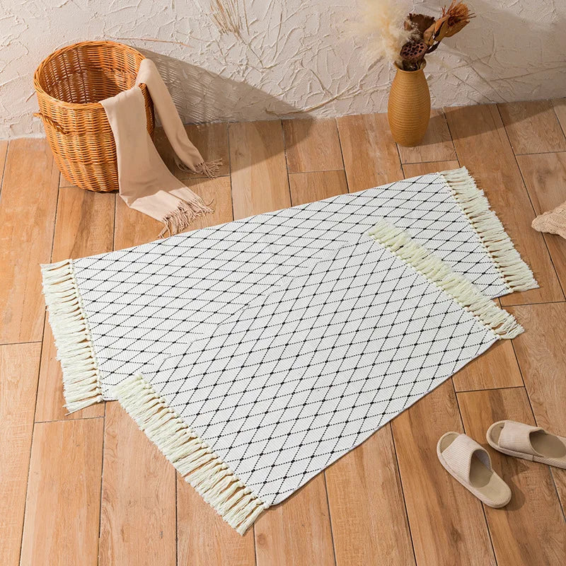 100% Cotton Woven Boho Rug for Bedroom Black Grey Bohemian Rug Bath Mat Kitchen Rug