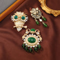 Medieval Retro Gold Plated Lion Brooch Pin Green Gemstone Tassel Owl Brooch for Women