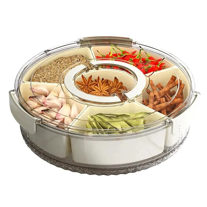 Household Kitchen Rotating Round Transparent Spice Fruit Tray Container Divided Serving Tray with Lid and Handle