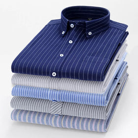 RNSHANGER Korean Style Men Stripe Shirts Cotton Daily Casual Turn Down Collar New Fashion Young Long Sleeve Men Shirts
