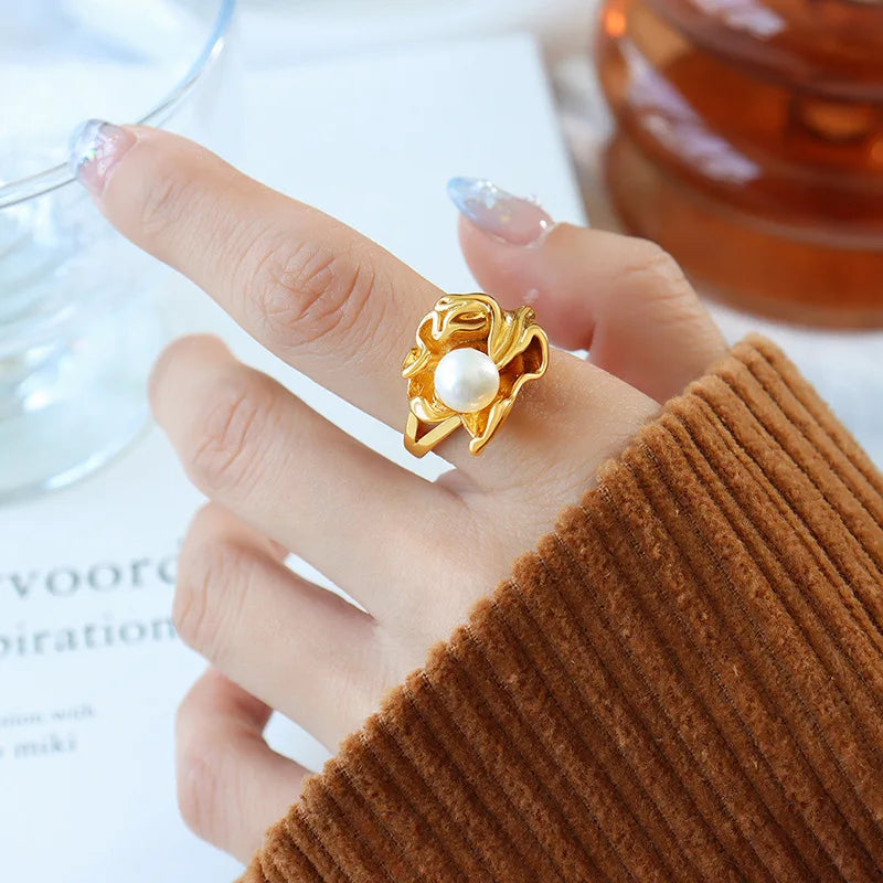 Non-Fading Light Luxury Temperament Freshwater Pearl Special-Shaped Geometric Irregular European and American Style Ring 18K
