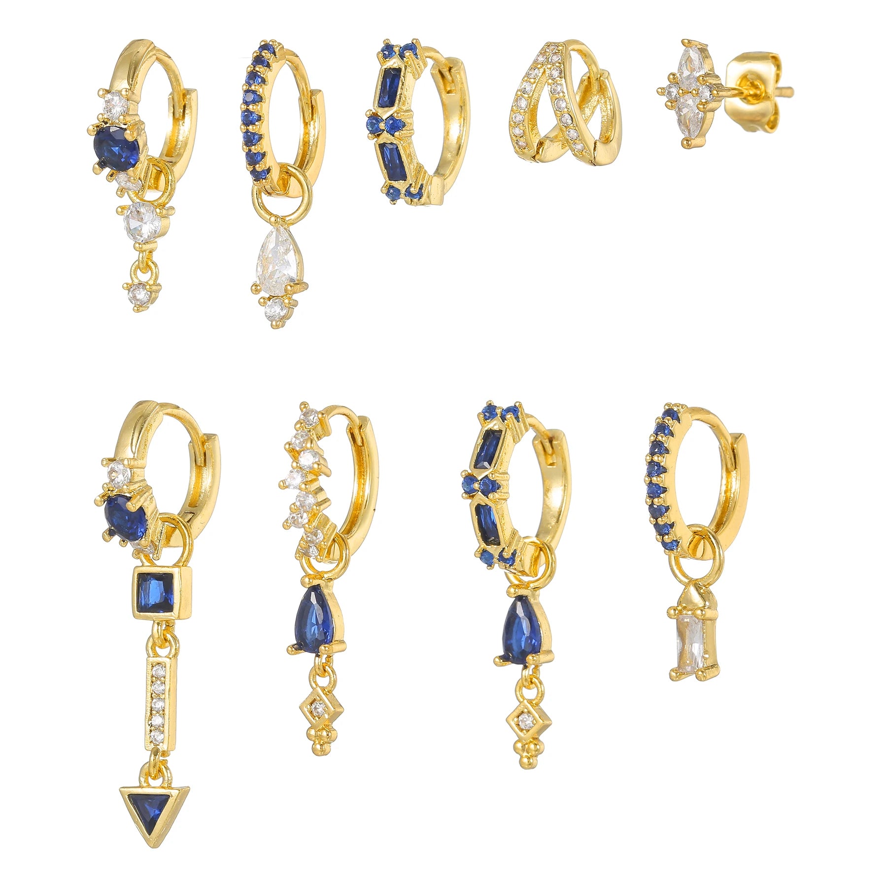9Pcs Modern Sapphire and Zircon Earrings 18K Gold Stackable Design Chic and Sophisticated Business Jewelry Set