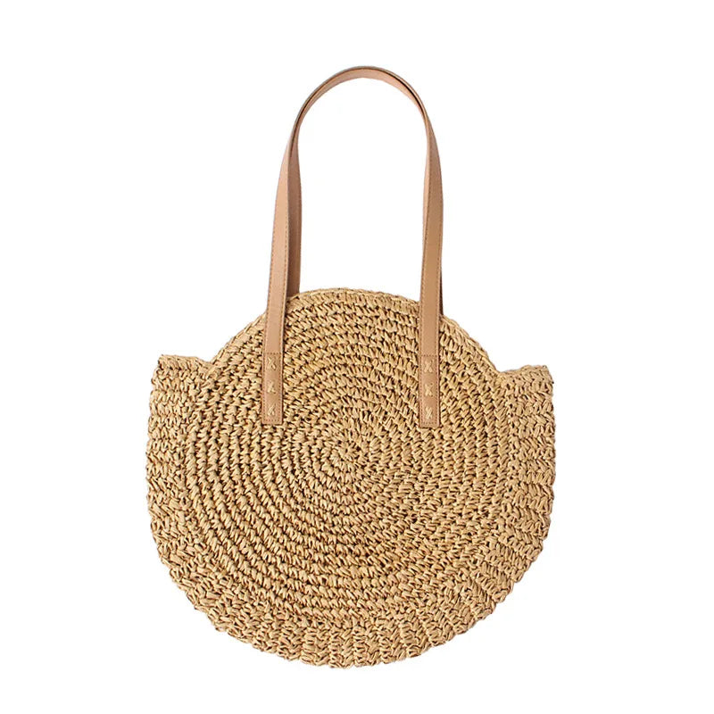 Summer Round Straw Women Vacation Woven Beach Shoulder Bag Large Capacity Hollow Out Simple Tote Bag