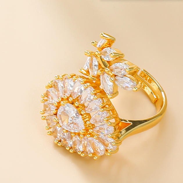 Fashion Zircon Water Drop Flowers Rings for Women Gold Plated Stainless Steel Ring Trend Luxury Korean Jewelry