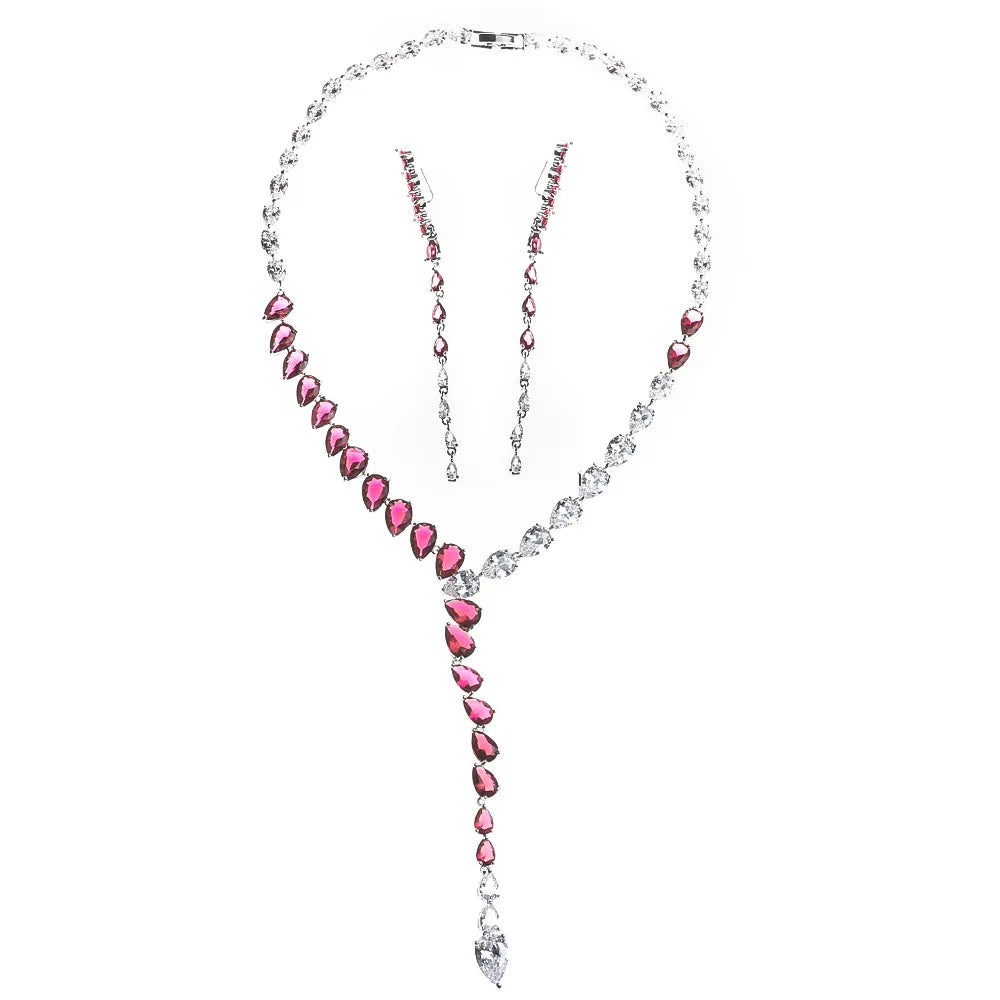 Emerald Green Sapphire Ruby White CZ Crystal Lasso Y Statement Necklace Ring Pearl Teardrop Zircon Wedding Jewelry