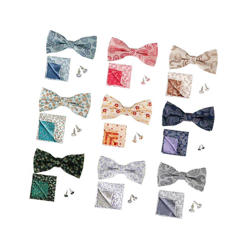 Men's Floral Plaid Jacquard Tie Bowtie Pocket Square Cufflinks Set Luxury Polyester Silk Hanky for Party and Wedding Suit